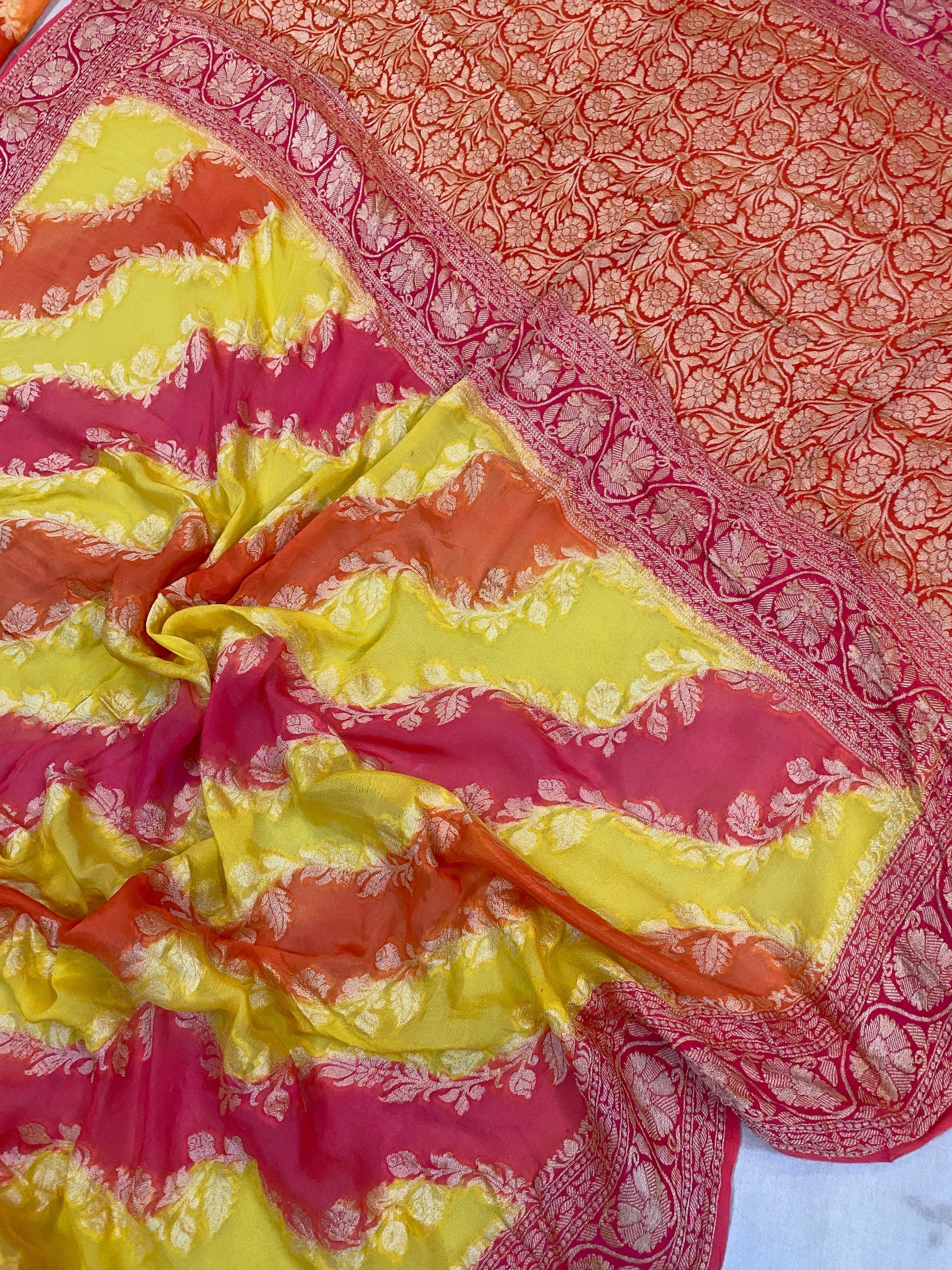 Yellow Rangkaat Pure Khaddi Georgette Banarasi Sari by Shades Of Benares - banarasi - banarasi saree shop