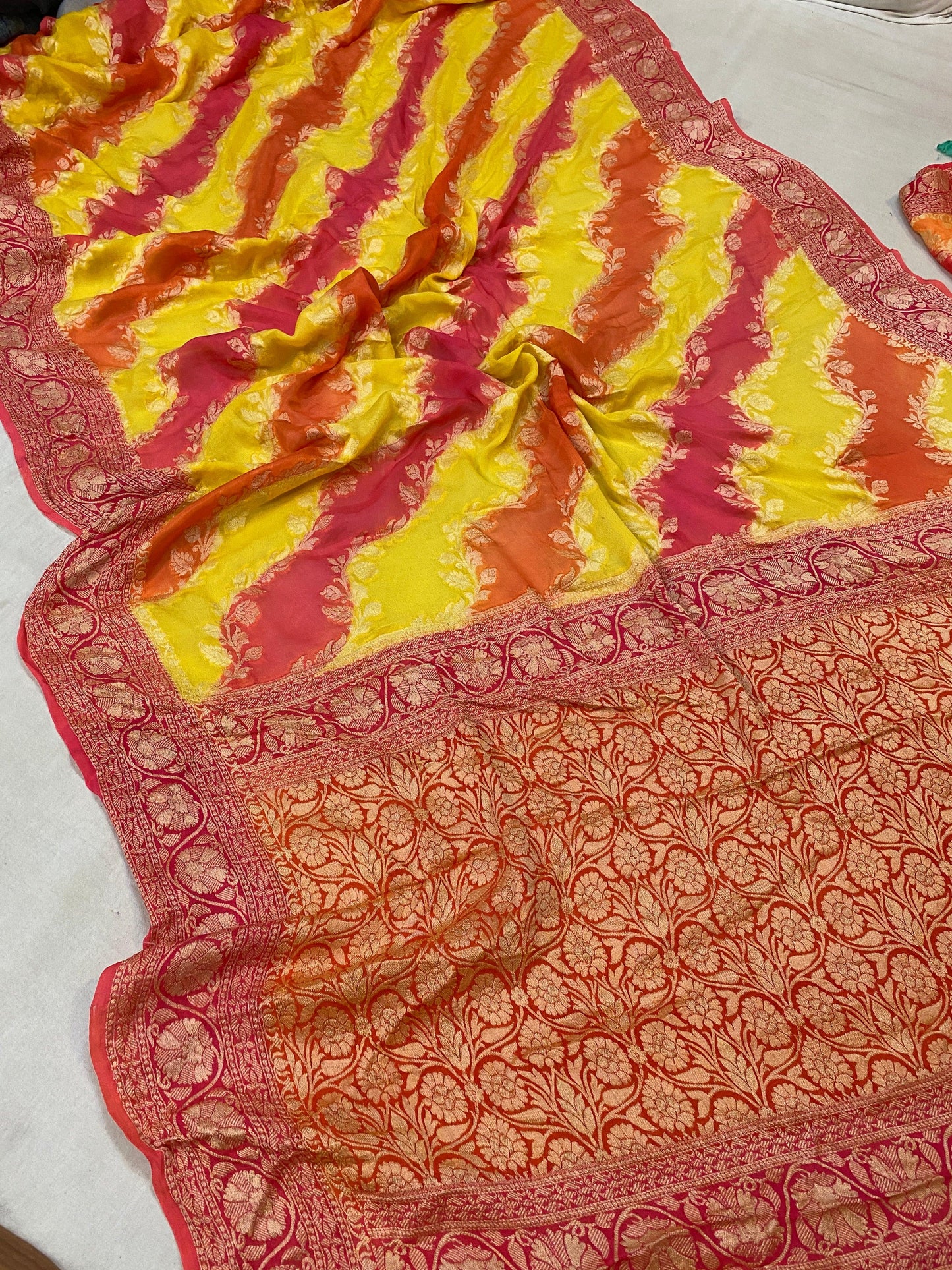 Yellow Rangkaat Pure Khaddi Georgette Banarasi Sari by Shades Of Benares - banarasi - banarasi saree shop