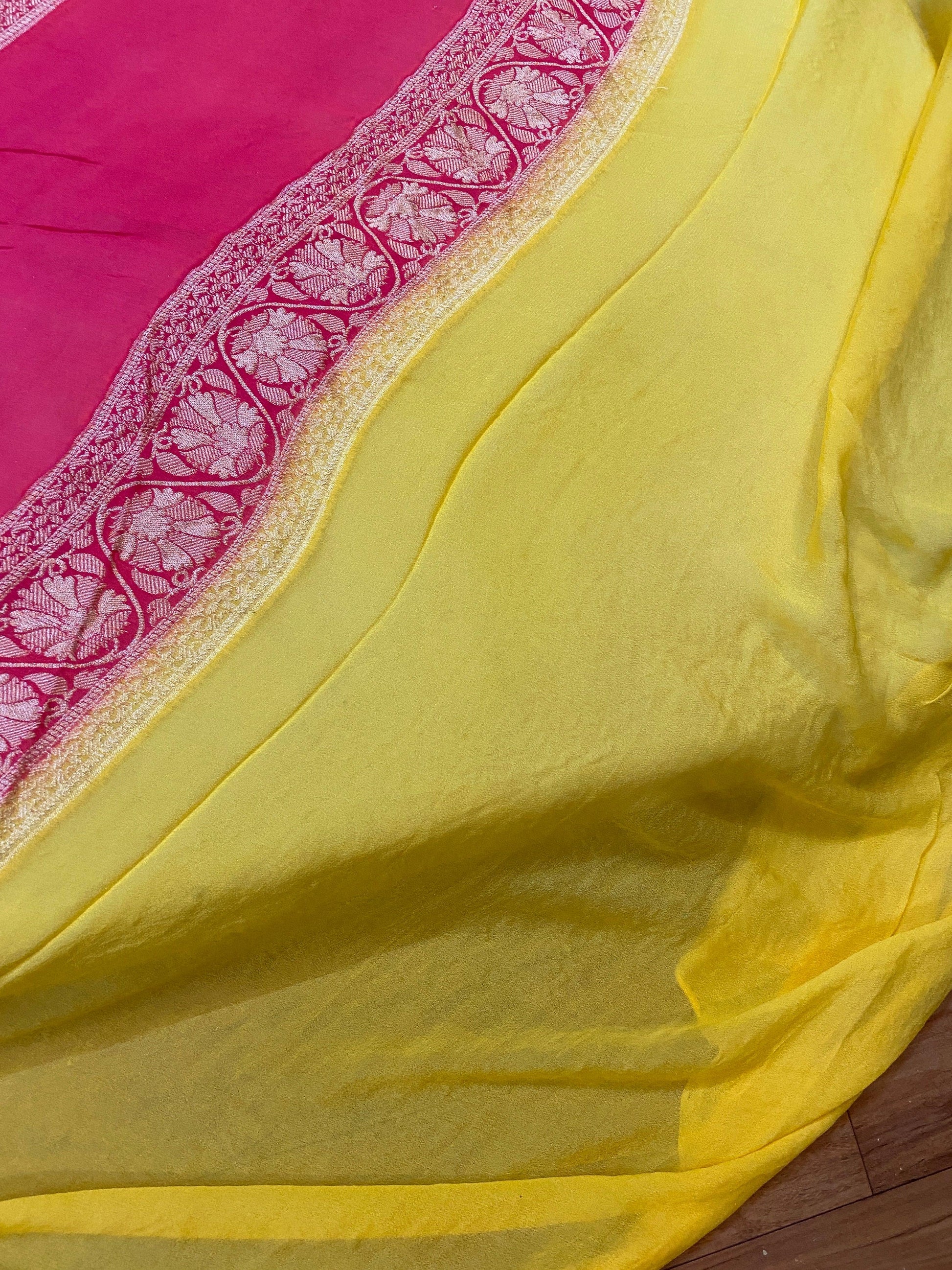 Yellow Rangkaat Pure Khaddi Georgette Banarasi Sari by Shades Of Benares - banarasi - banarasi saree shop