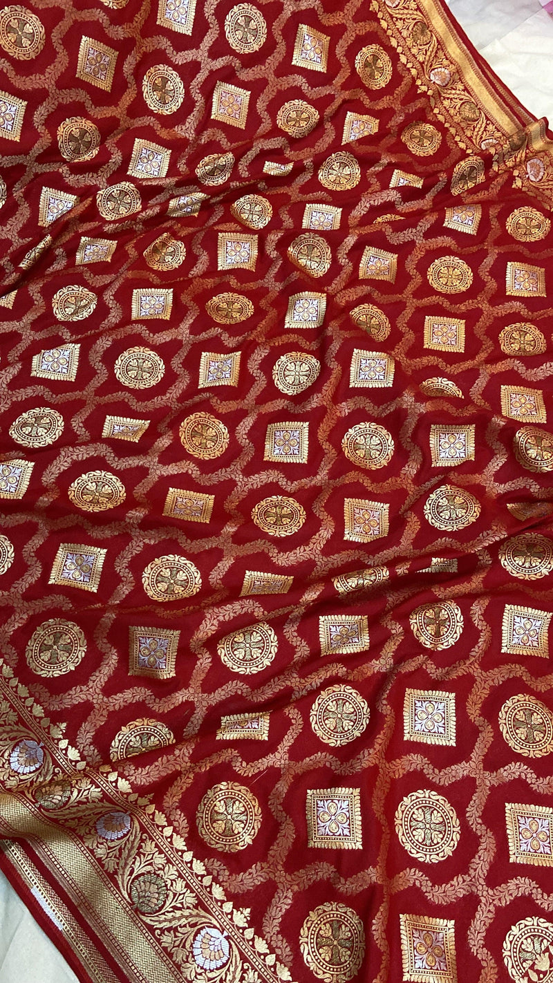 Red Pure Banarasi Katan Silk Handloom Saree by Shades Of Benares - banarasi - banarasi saree shop