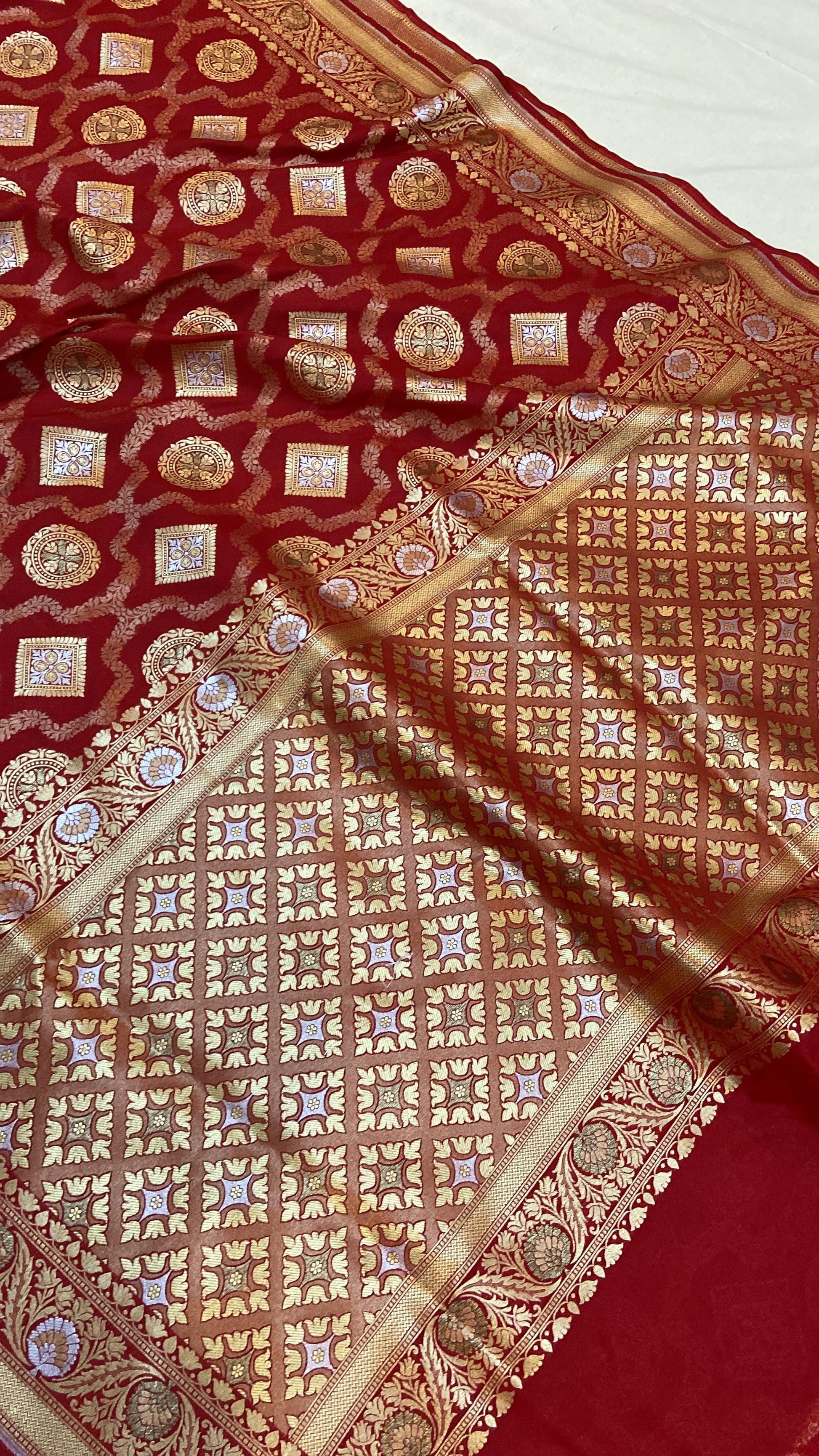 Red Pure Banarasi Katan Silk Handloom Saree by Shades Of Benares - banarasi - banarasi saree shop