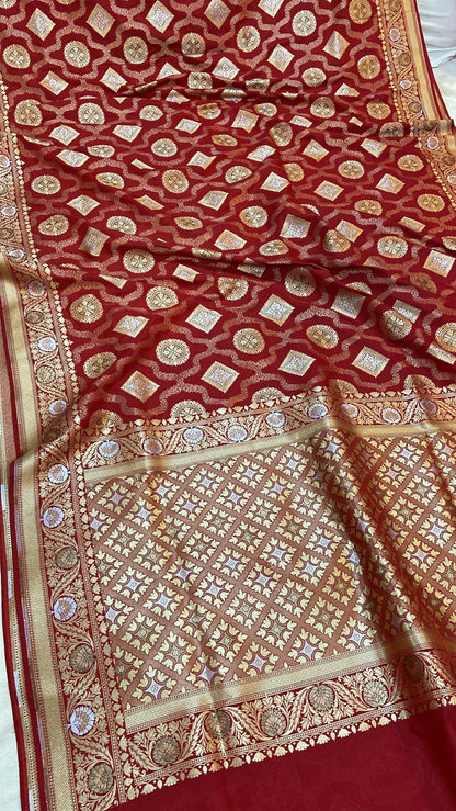 Red Pure Banarasi Katan Silk Handloom Saree by Shades Of Benares - banarasi - banarasi saree shop