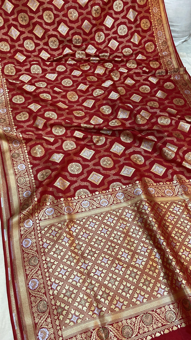 Red Pure Banarasi Katan Silk Handloom Saree by Shades Of Benares - banarasi - banarasi saree shop