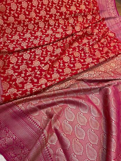 Red Pure Banarasi Katan Silk Handloom Saree by Shades Of Benares - banarasi - banarasi saree shop