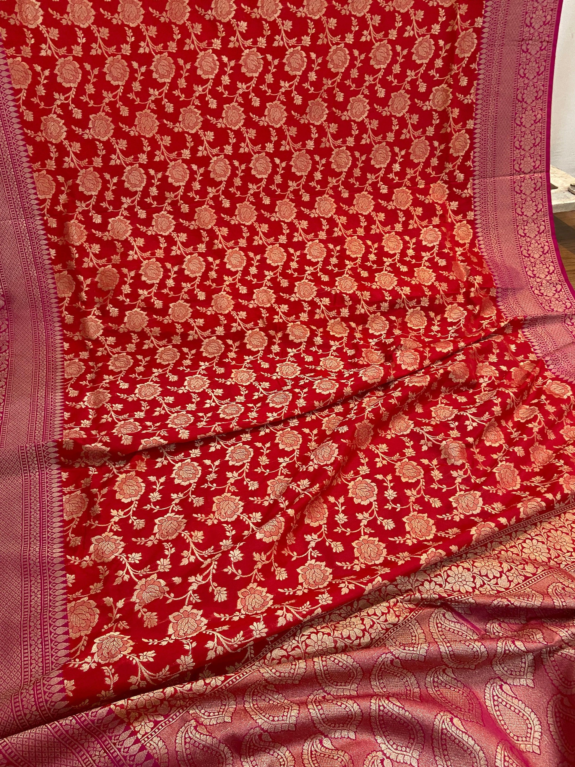 Red Pure Banarasi Katan Silk Handloom Saree by Shades Of Benares - banarasi - banarasi saree shop