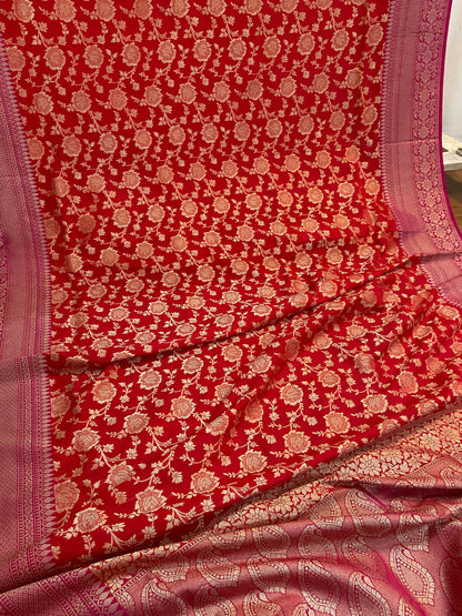 Red Pure Banarasi Katan Silk Handloom Saree by Shades Of Benares - banarasi - banarasi saree shop