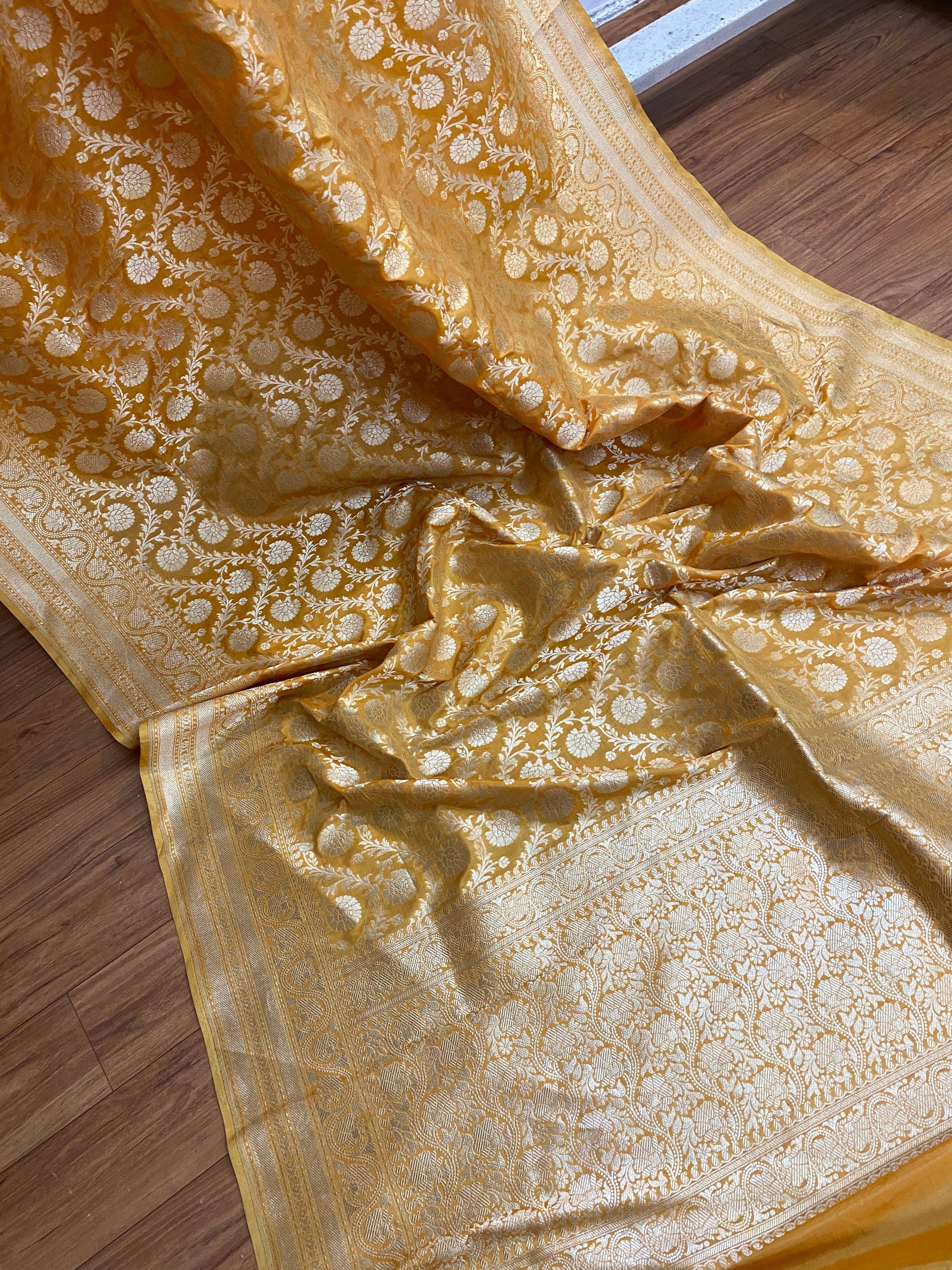 Matt Yellow Pure Banarasi Katan Silk Handloom Saree by Shades Of Benares - banarasi - banarasi saree shop