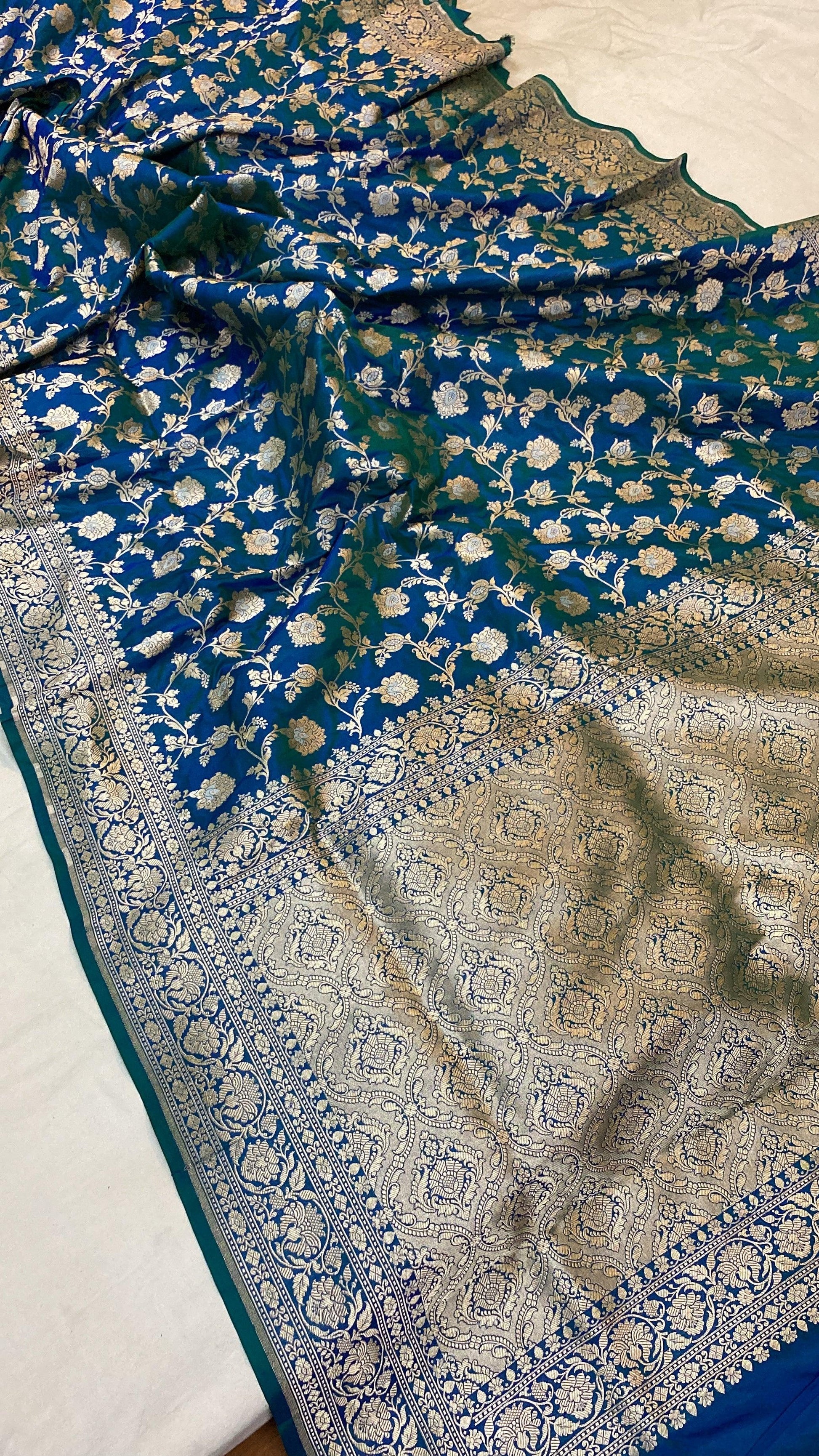 Blue Pure Katan Silk Handloom Banarasi Saree by Shades Of Benares - banarasi - banarasi saree shop