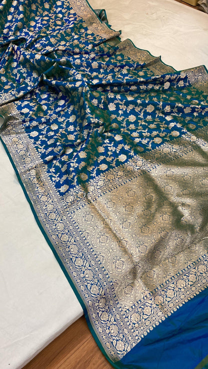 Blue Pure Katan Silk Handloom Banarasi Saree by Shades Of Benares - banarasi - banarasi saree shop