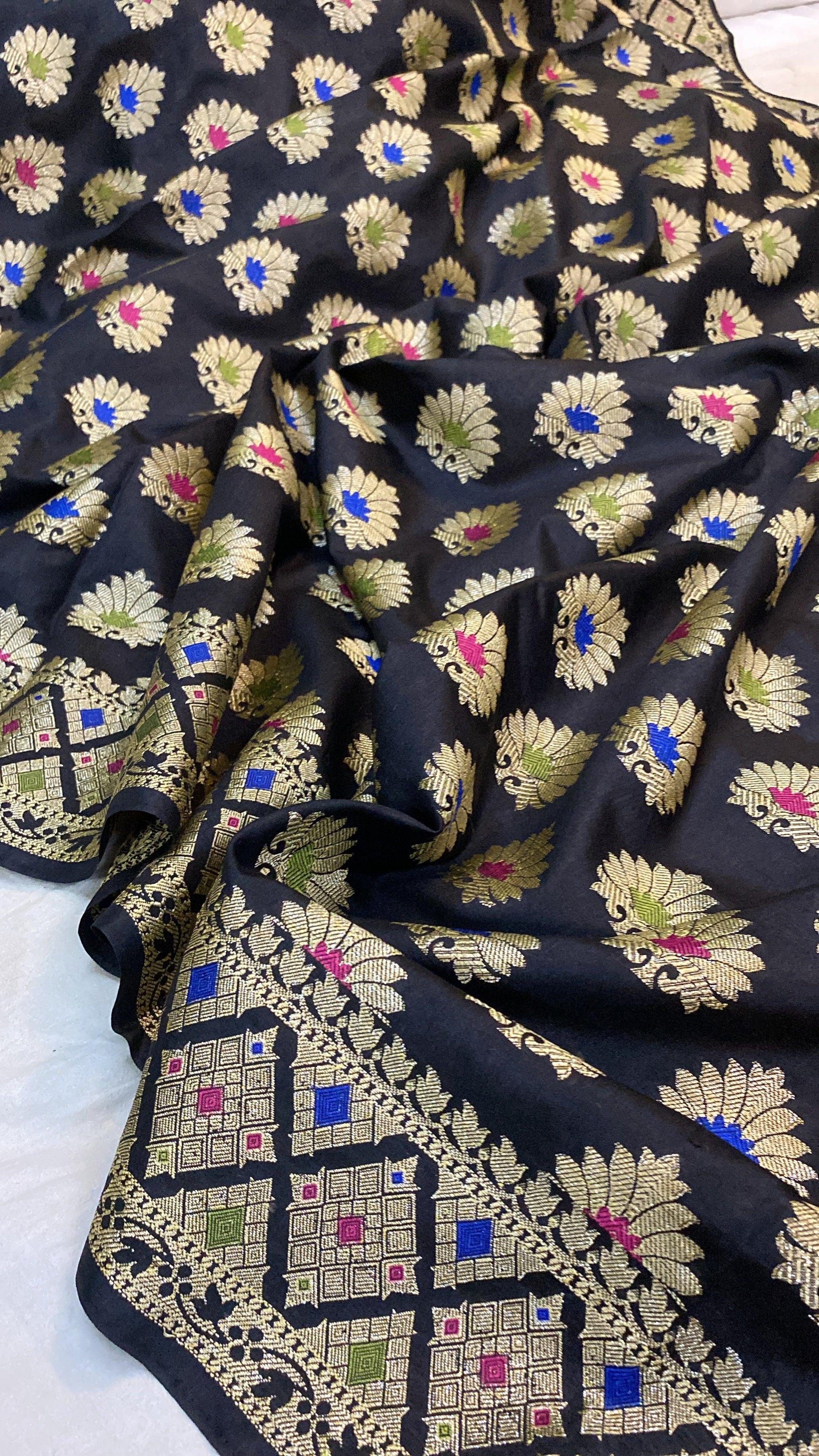 Black Katan Soft Silk Handloom Banarasi Saree by Shades Of Benares - banarasi - banarasi saree shop