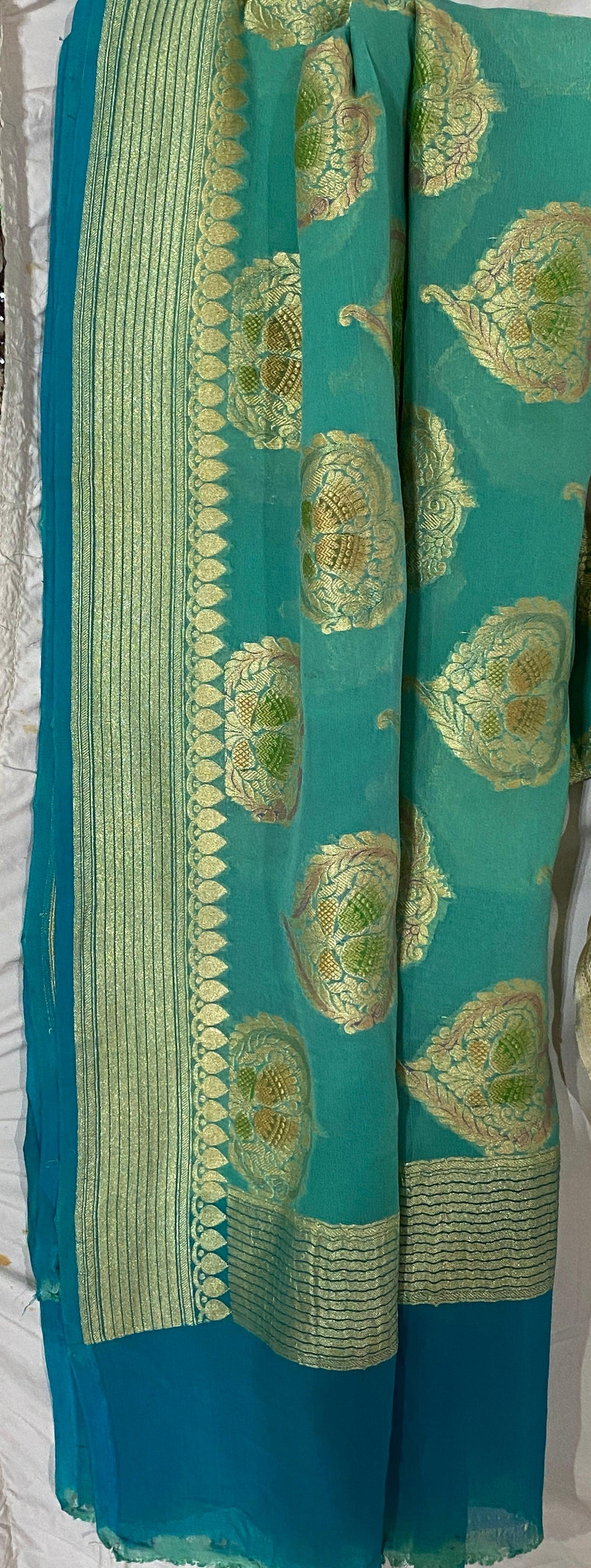 Sea Green Pure Banarasi Khaddi Georgette Handloom Dupatta by Shades Of Benares - banarasi - banarasi saree shop