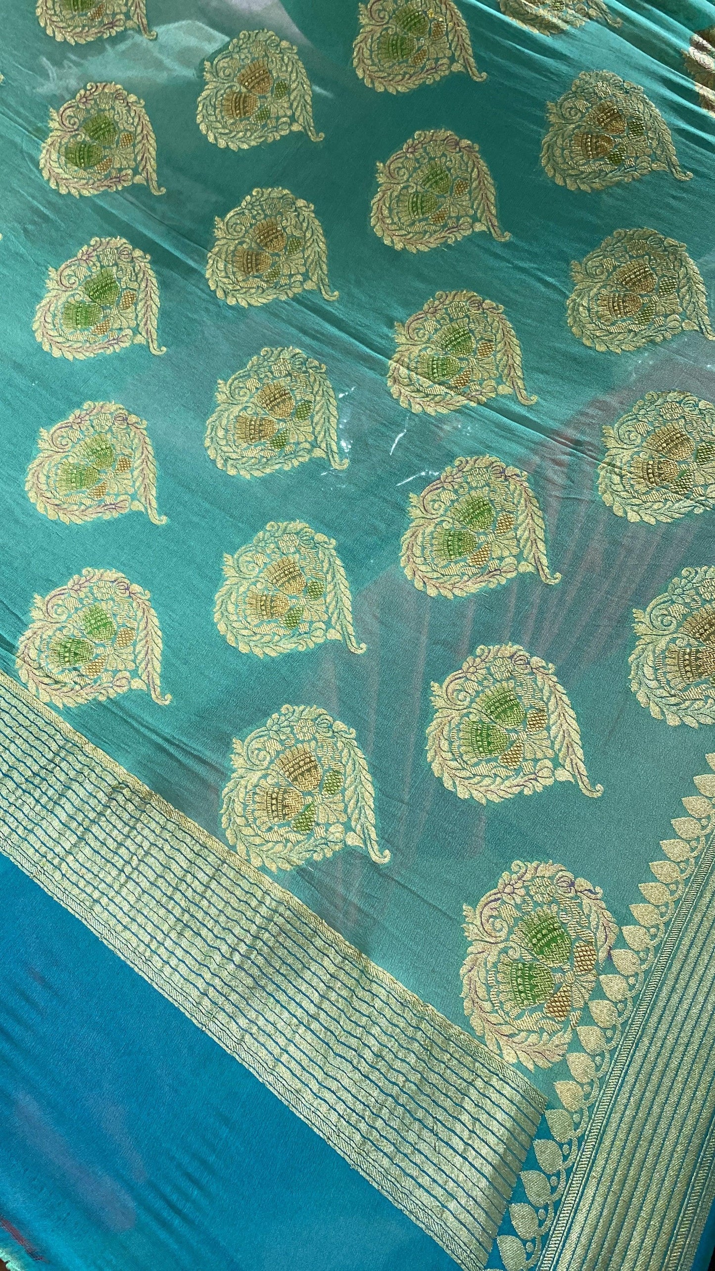 Sea Green Pure Banarasi Khaddi Georgette Handloom Dupatta by Shades Of Benares - banarasi - banarasi saree shop