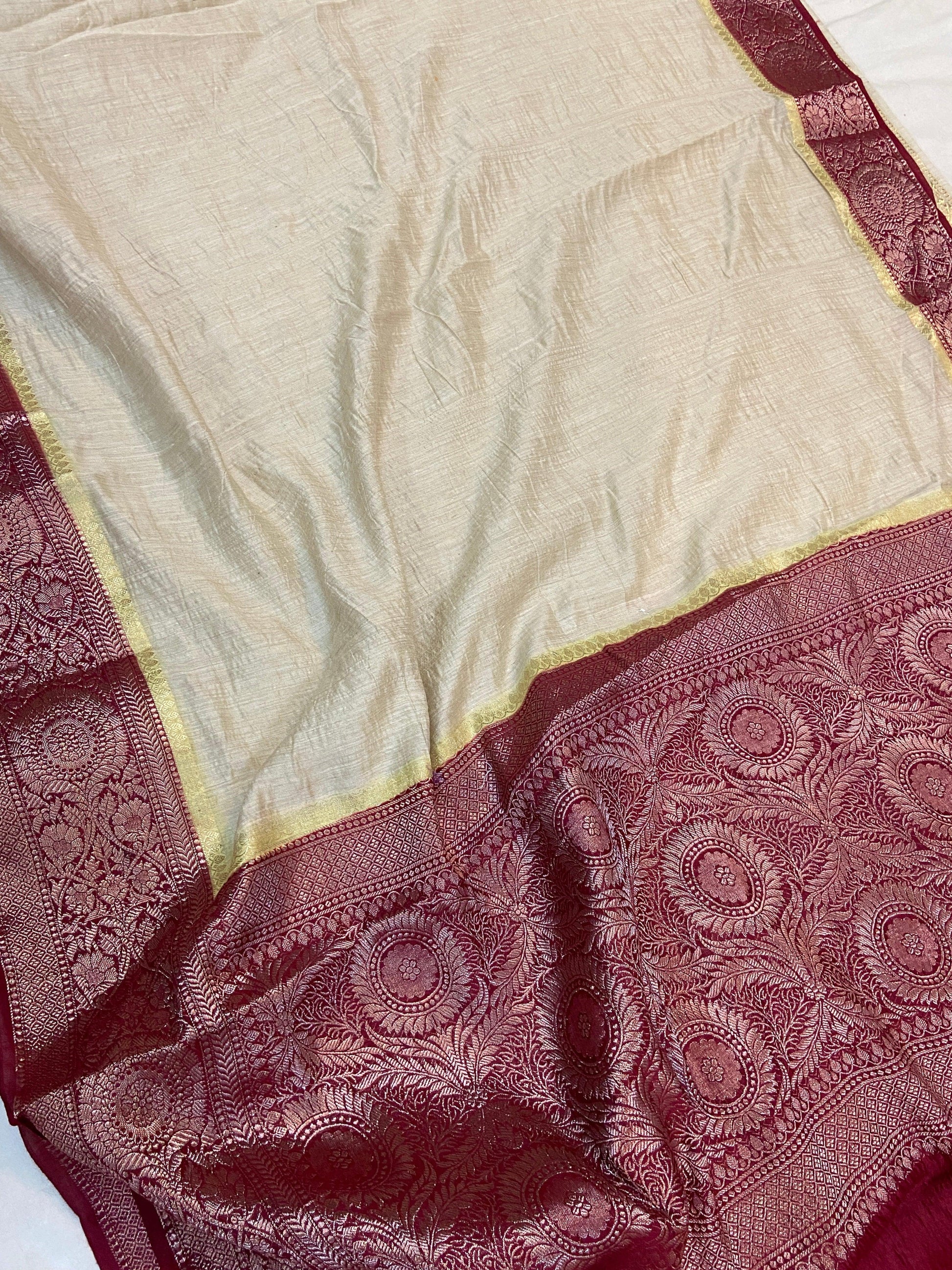 Creme Pure Banarasi Tussar silk handloom Khaddi saree with blouse piece by Shades Of Benares - banarasi - banarasi saree shop