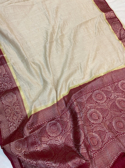 Creme Pure Banarasi Tussar silk handloom Khaddi saree with blouse piece by Shades Of Benares - banarasi - banarasi saree shop