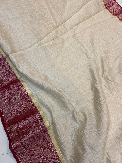 Creme Pure Banarasi Tussar silk handloom Khaddi saree with blouse piece by Shades Of Benares - banarasi - banarasi saree shop