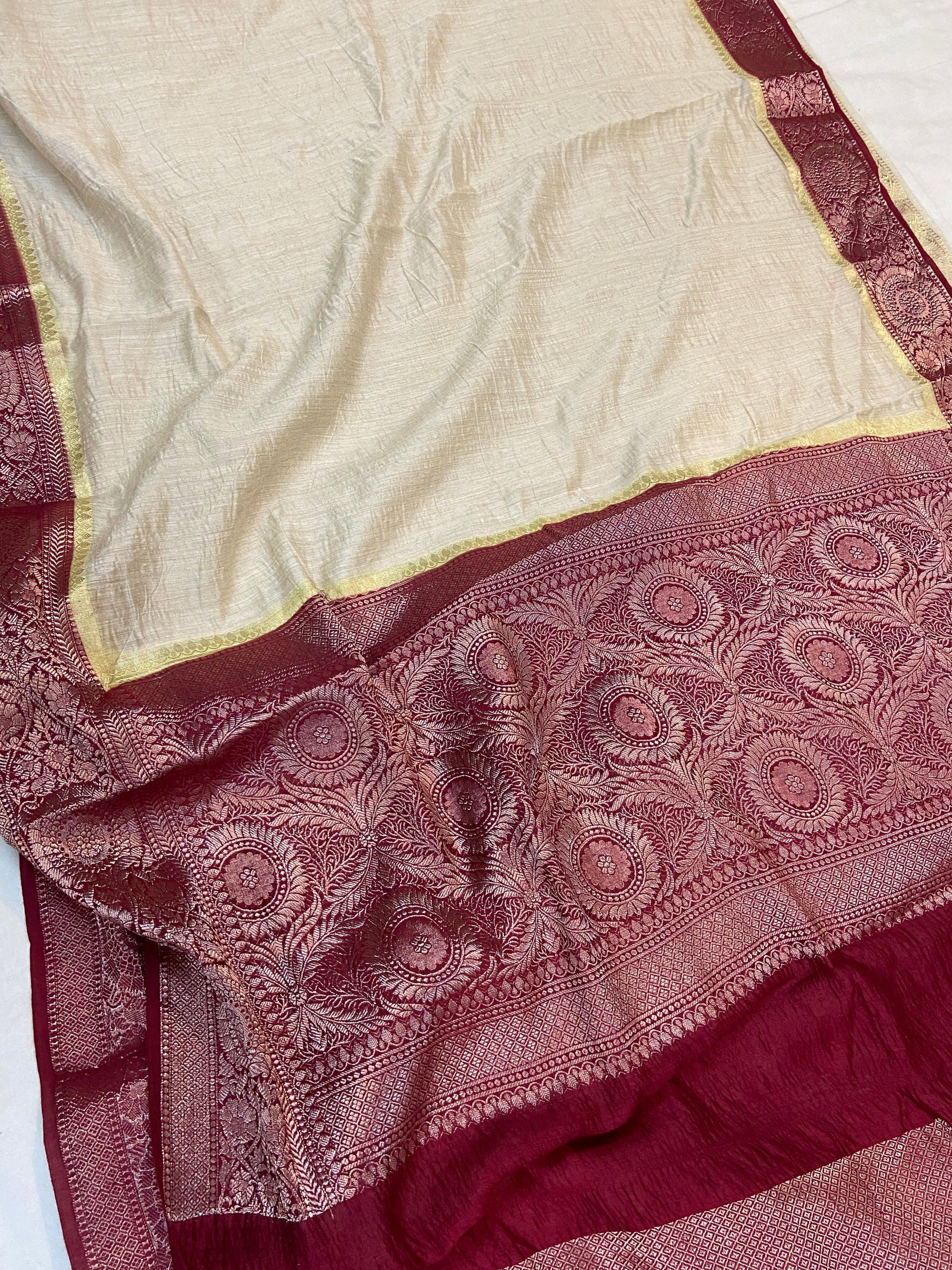 Creme Pure Banarasi Tussar silk handloom Khaddi saree with blouse piece by Shades Of Benares - banarasi - banarasi saree shop