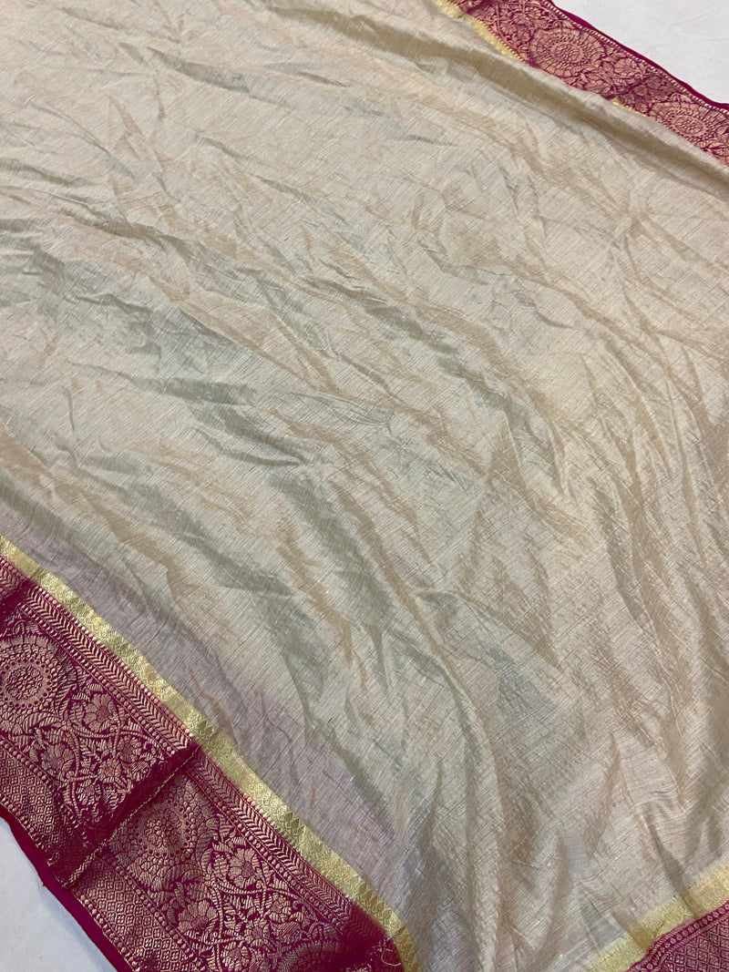 Creme Pure Banarasi Tussar silk handloom Khaddi saree with blouse piece