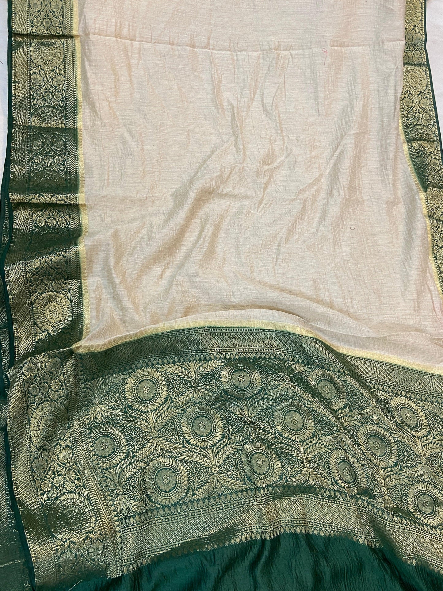 Creme Pure Banarasi Tussar silk handloom Khaddi saree with blouse piece by Shades Of Benares - banarasi - banarasi saree shop