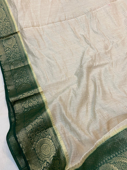 Creme Pure Banarasi Tussar silk handloom Khaddi saree with blouse piece by Shades Of Benares - banarasi - banarasi saree shop