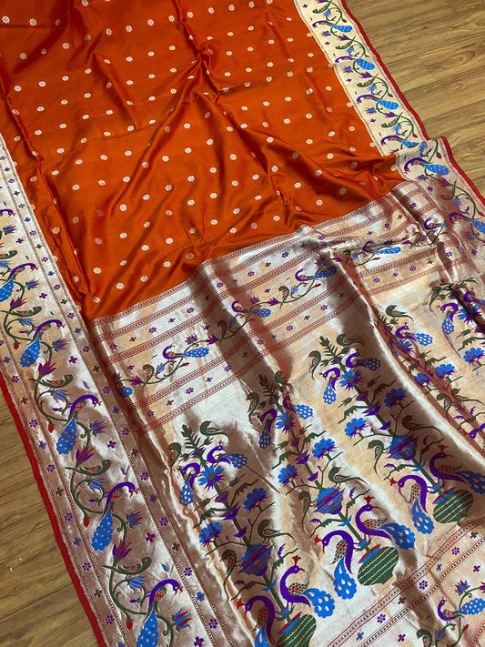 Orange Pure Banarasi Katan Silk Handloom Saree- Kadhwa Paithani by Shades Of Benares - banarasi - banarasi saree shop