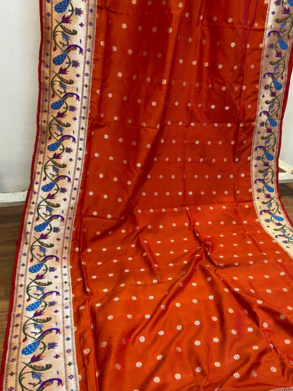 Orange Pure Banarasi Katan Silk Handloom Saree- Kadhwa Paithani by Shades Of Benares - banarasi - banarasi saree shop