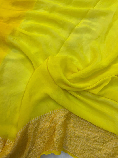 Yellow Pure Banarasi Khaddi Georgette Handloom Saree - Rangkaat by Shades Of Benares - banarasi - banarasi saree shop