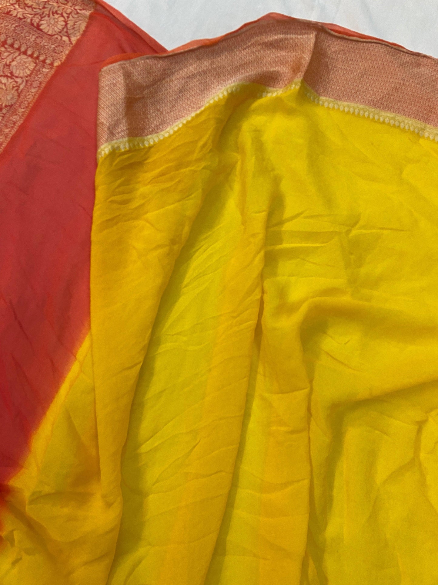 Yellow Pure Banarasi Khaddi Georgette Handloom Saree - Rangkaat by Shades Of Benares - banarasi - banarasi saree shop