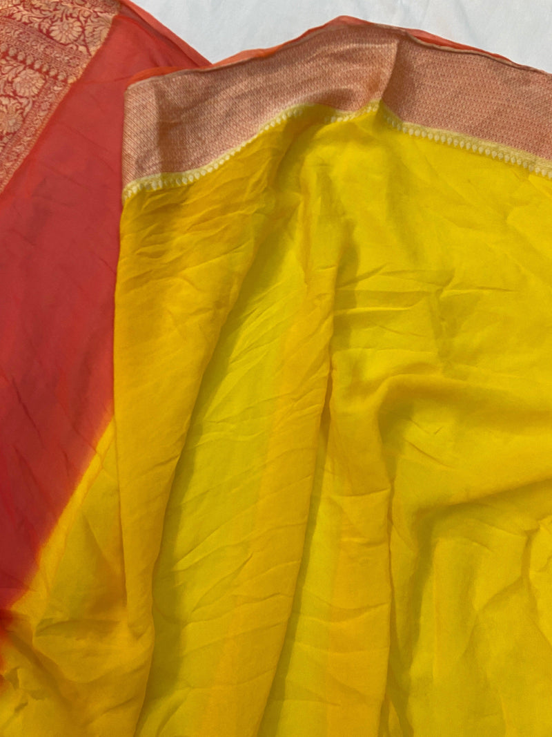 Yellow Pure Banarasi Khaddi Georgette Handloom Saree - Rangkaat by Shades Of Benares - banarasi - banarasi saree shop