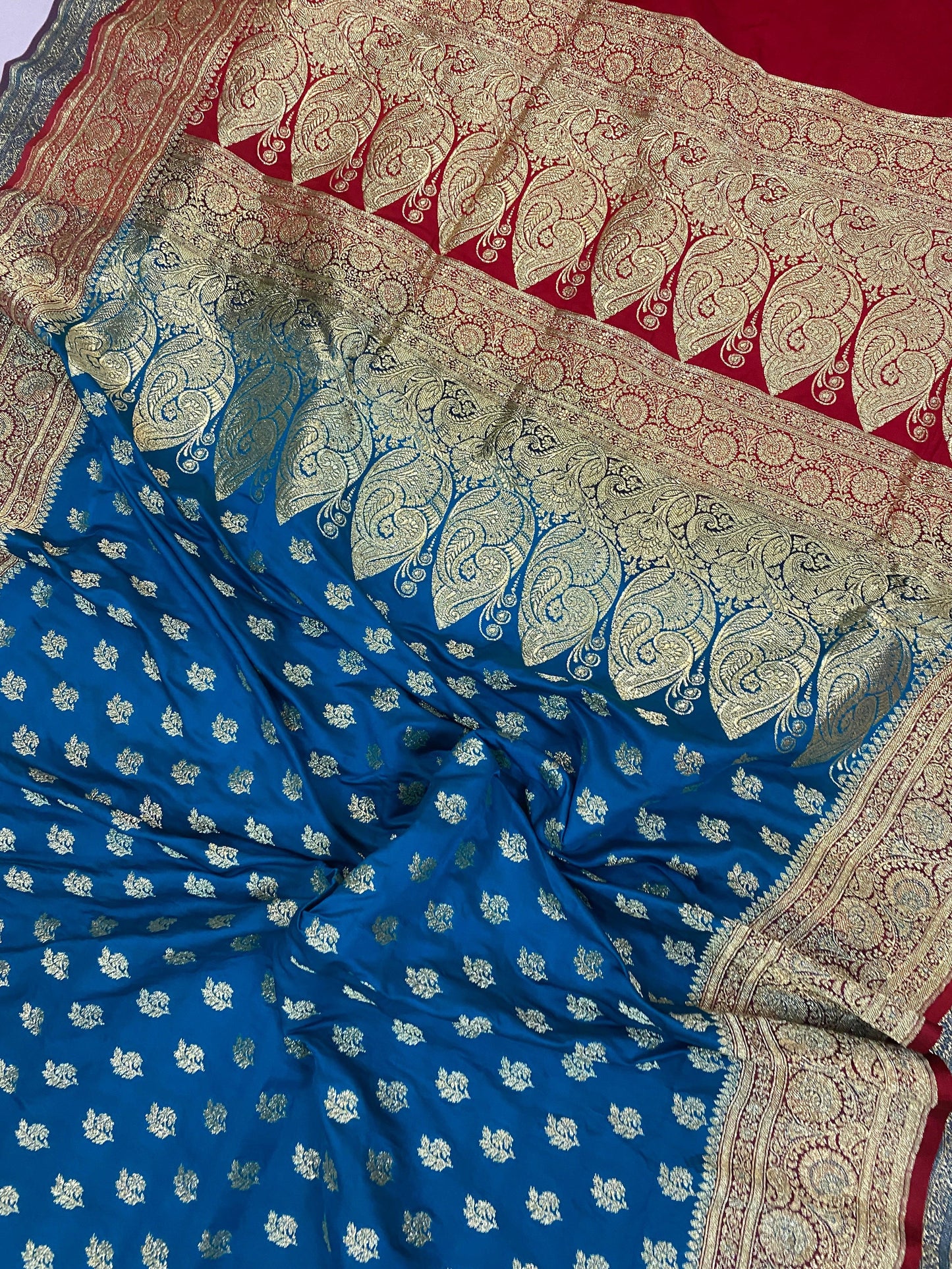 Blue Handloom Pure Satin Silk Banarasi Saree by Shades Of Benares - banarasi - banarasi saree shop