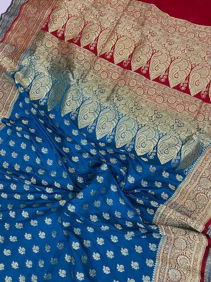 Blue Handloom Pure Satin Silk Banarasi Saree by Shades Of Benares - banarasi - banarasi saree shop