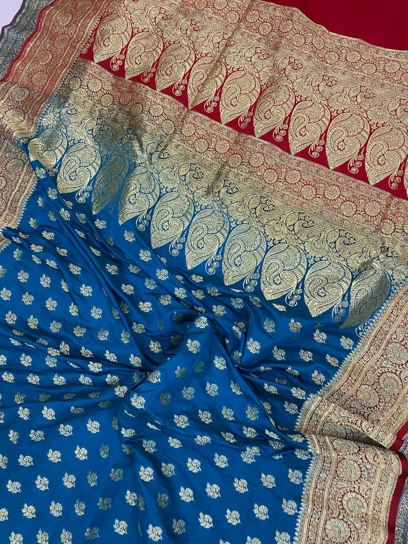 Blue Handloom Pure Satin Silk Banarasi Saree - Shades Of Benares