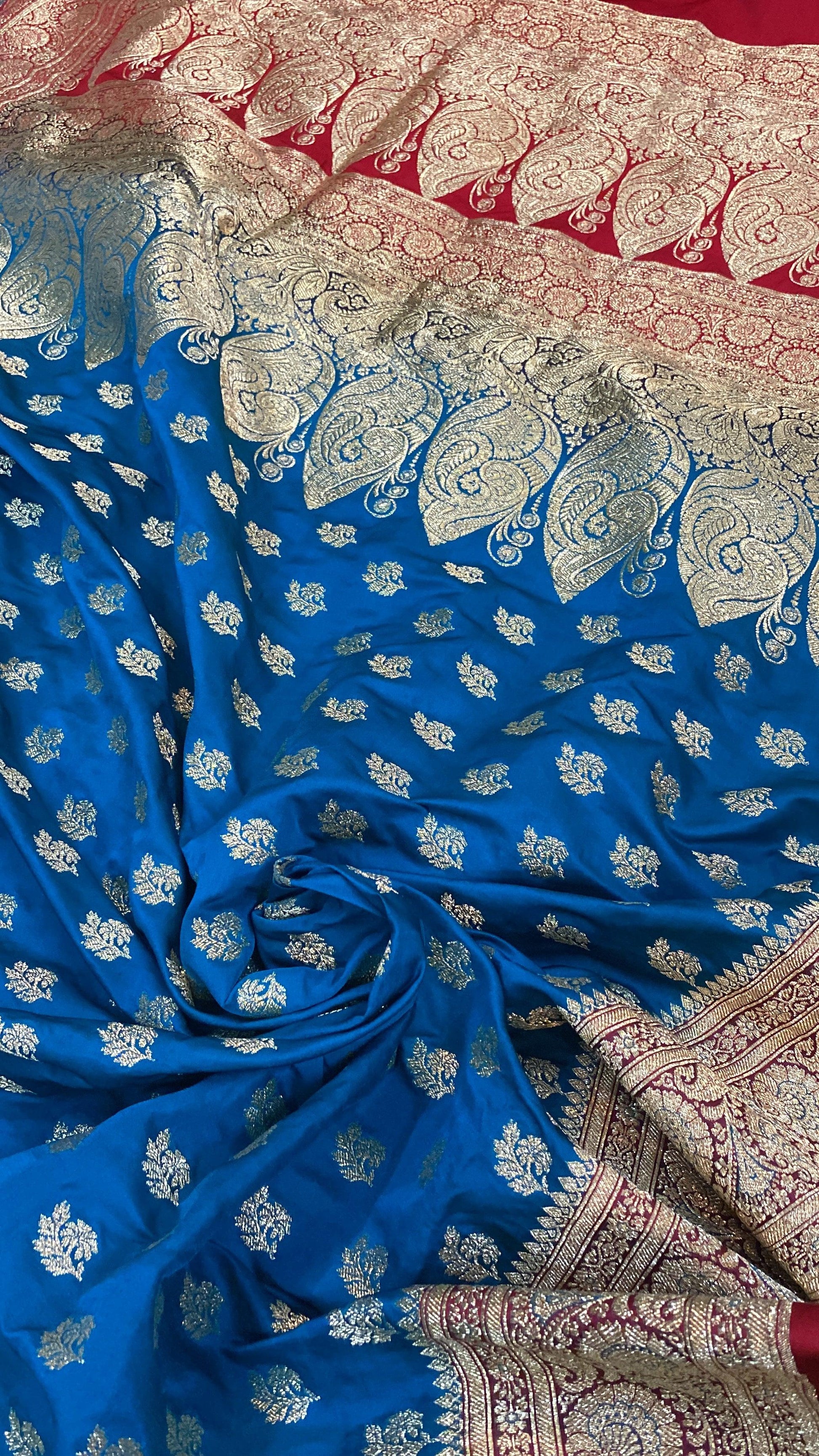 Blue Handloom Pure Satin Silk Banarasi Saree by Shades Of Benares - banarasi - banarasi saree shop