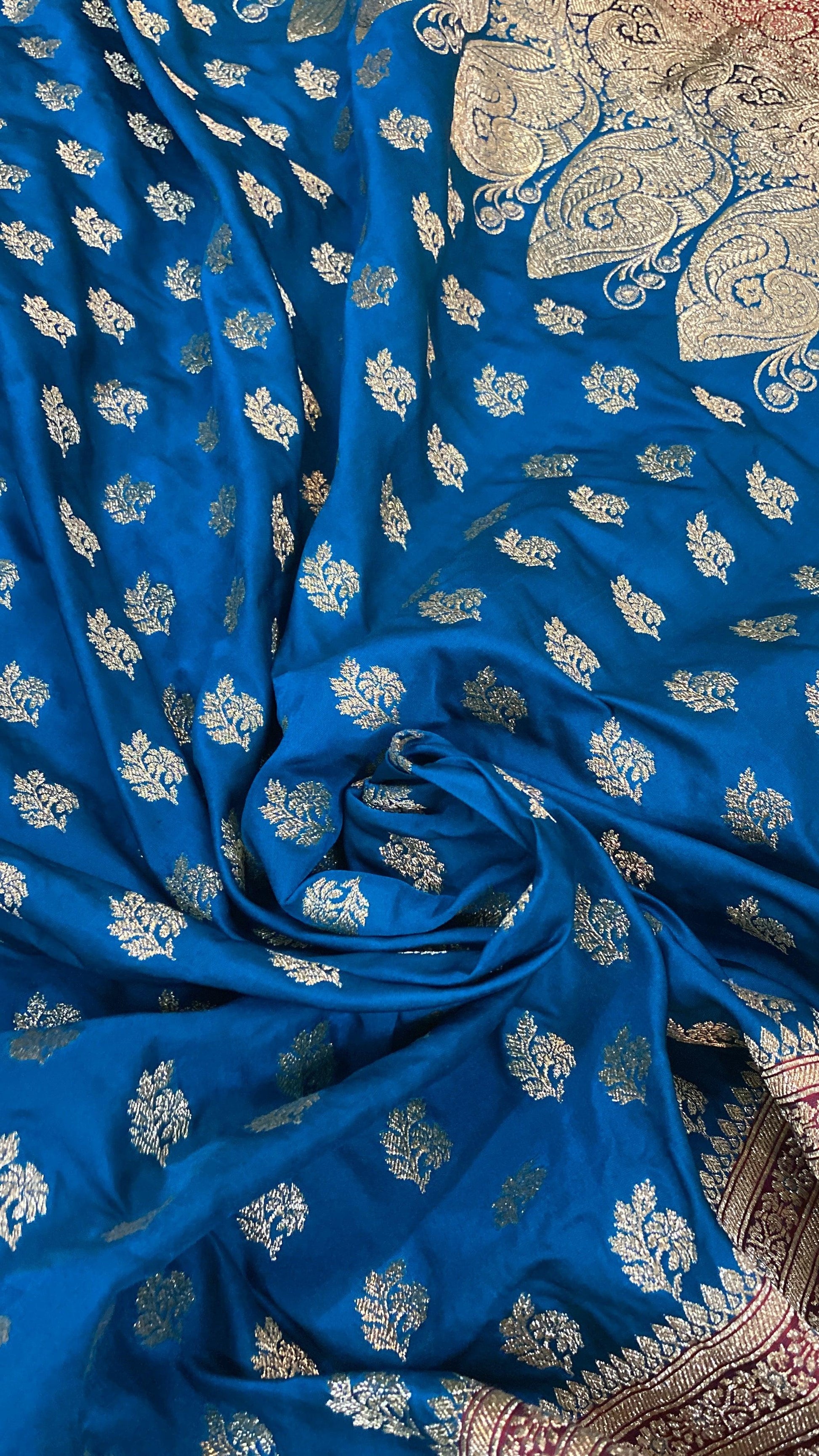 Blue Handloom Pure Satin Silk Banarasi Saree by Shades Of Benares - banarasi - banarasi saree shop