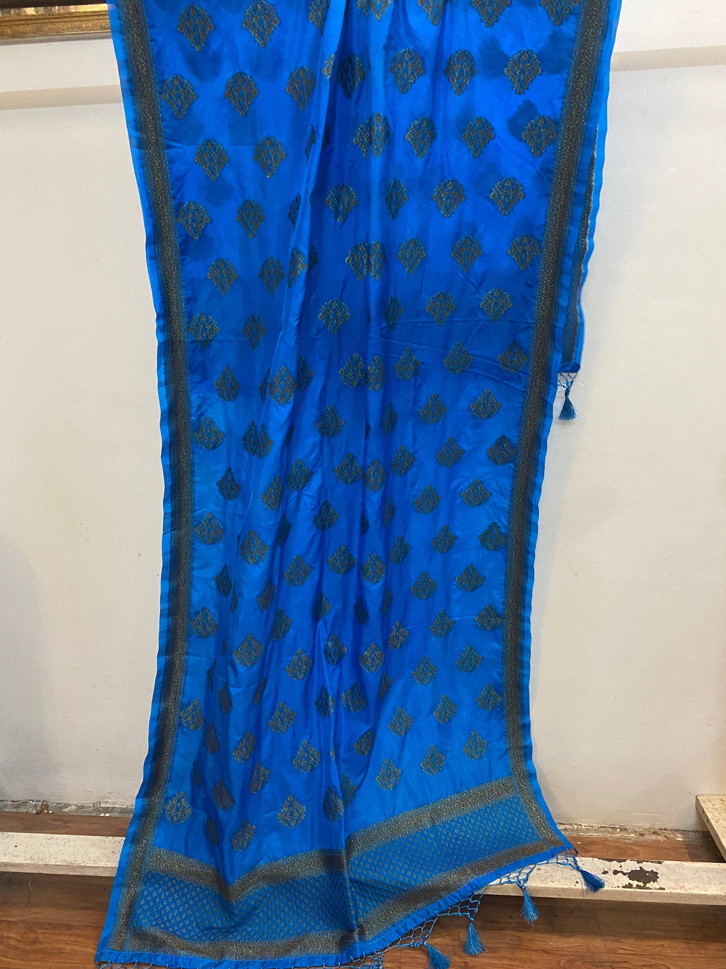 Blue Handloom Katan Silk Banarasi Dupatta by Shades Of Benares - banarasi - banarasi saree shop