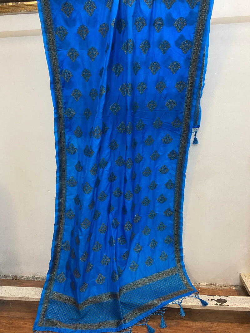 Blue Handloom Katan Silk Banarasi Dupatta