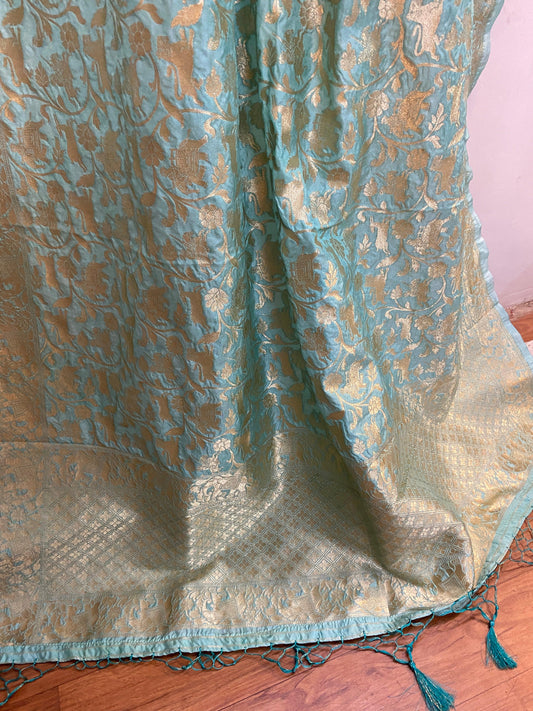 Blue Handloom Katan Silk Banarasi Dupatta by Shades Of Benares - banarasi - banarasi saree shop