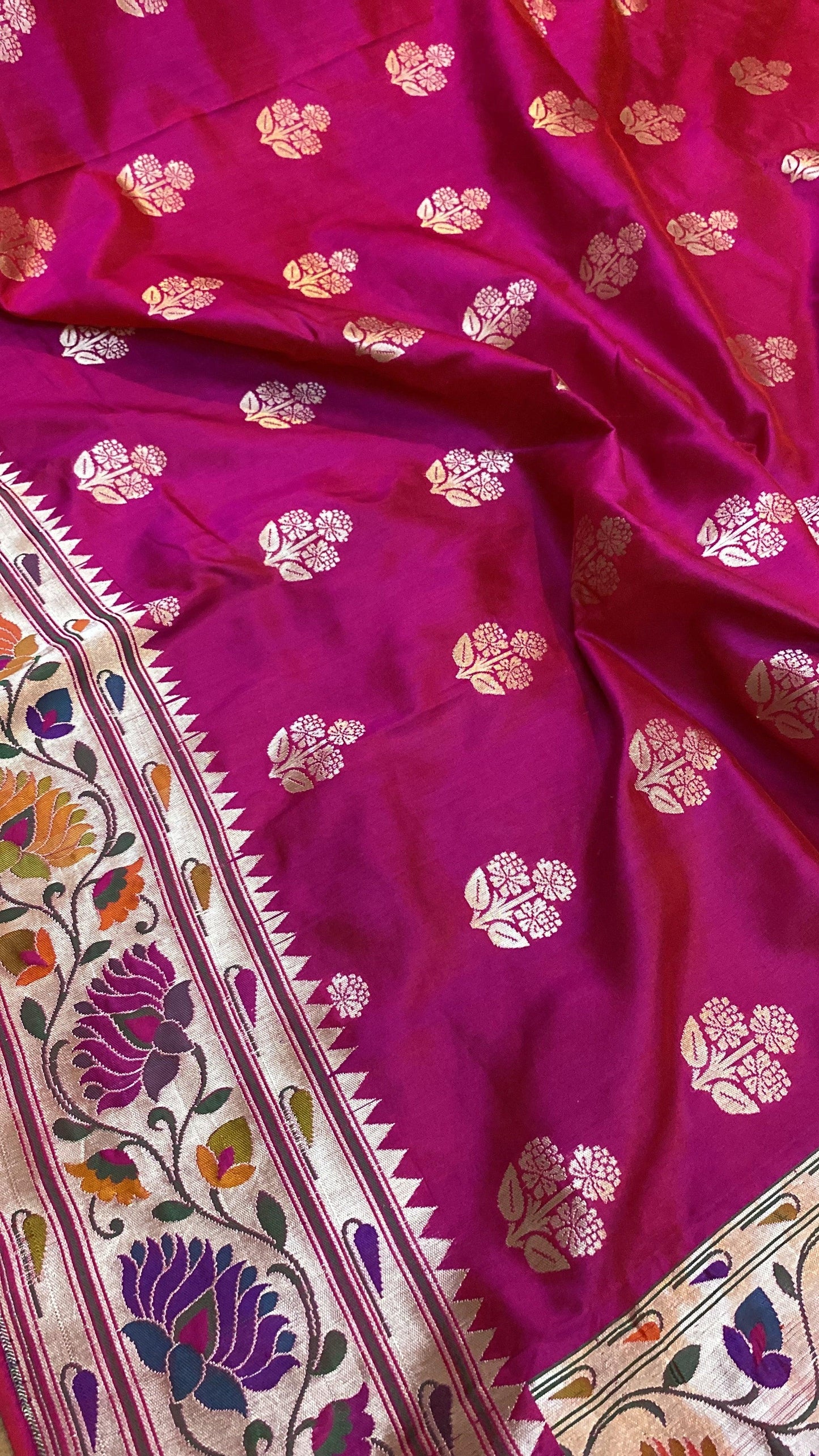 Hot Pink Pure Banarasi Katan Silk Handloom Kadhwa Paithani Saree by Shades Of Benares - banarasi - banarasi saree shop