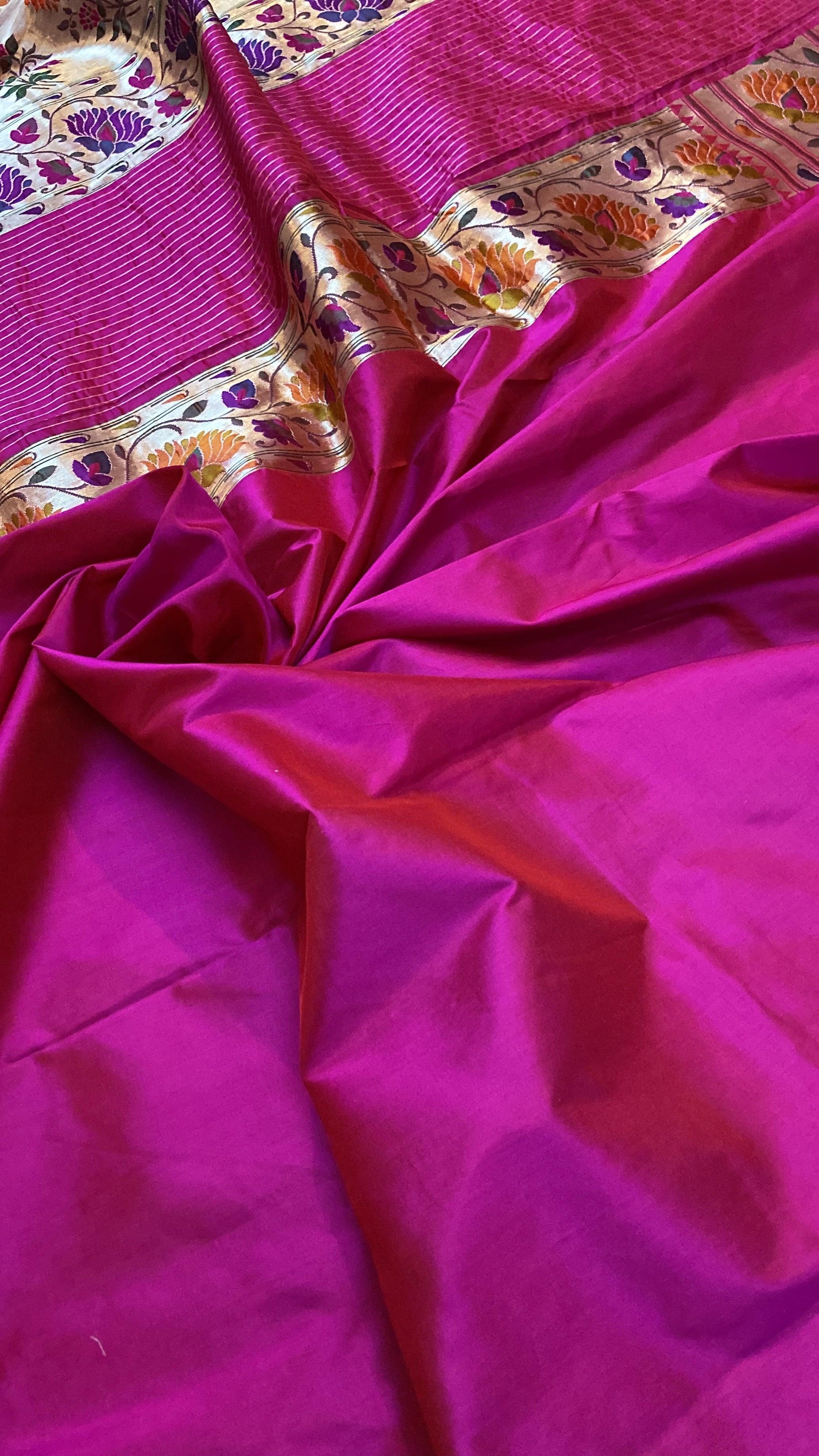 Hot Pink Pure Banarasi Katan Silk Handloom Kadhwa Paithani Saree by Shades Of Benares - banarasi - banarasi saree shop