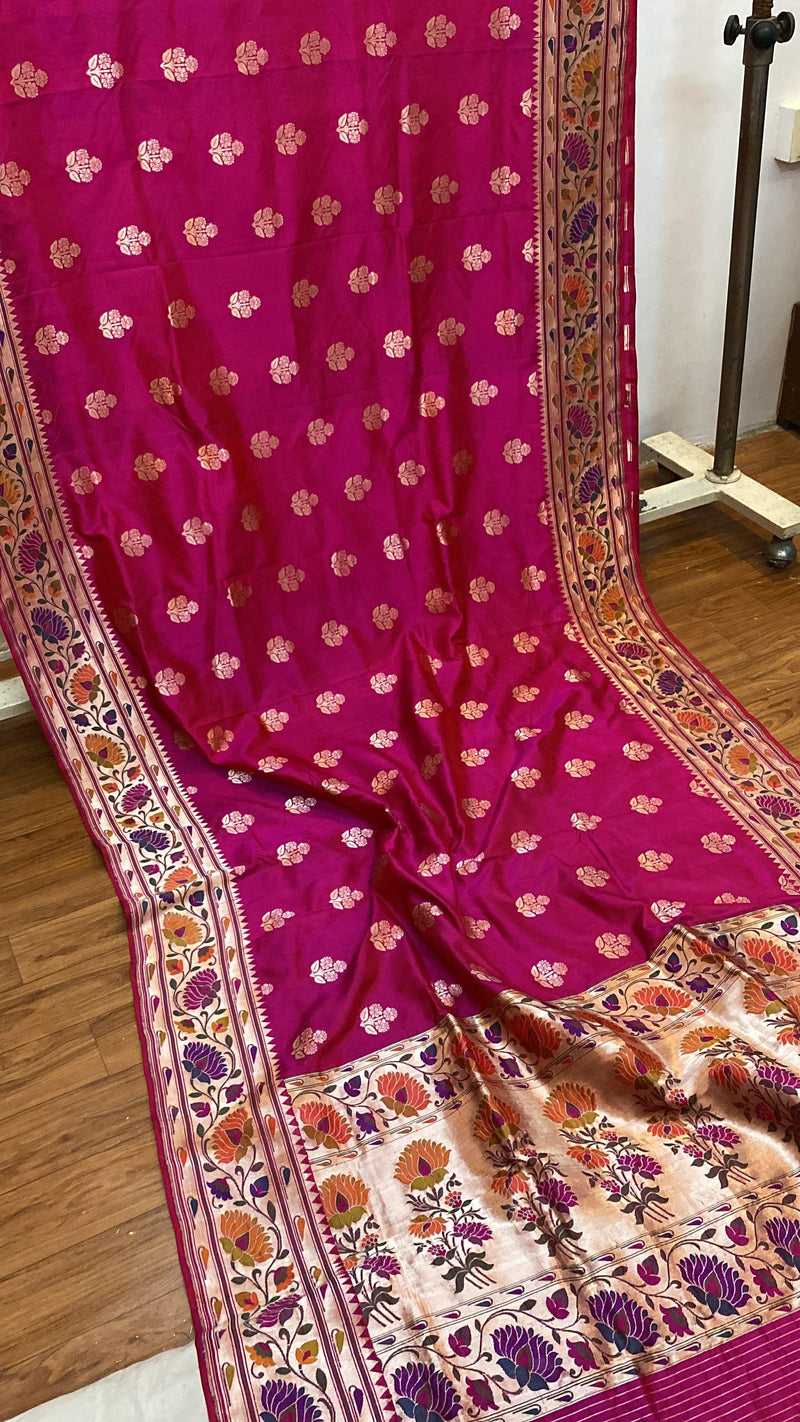 Hot Pink Pure Banarasi Katan Silk Handloom Kadhwa Paithani Saree - Shades Of Benares