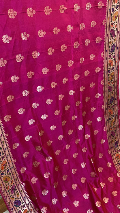 Hot Pink Pure Banarasi Katan Silk Handloom Kadhwa Paithani Saree by Shades Of Benares - banarasi - banarasi saree shop