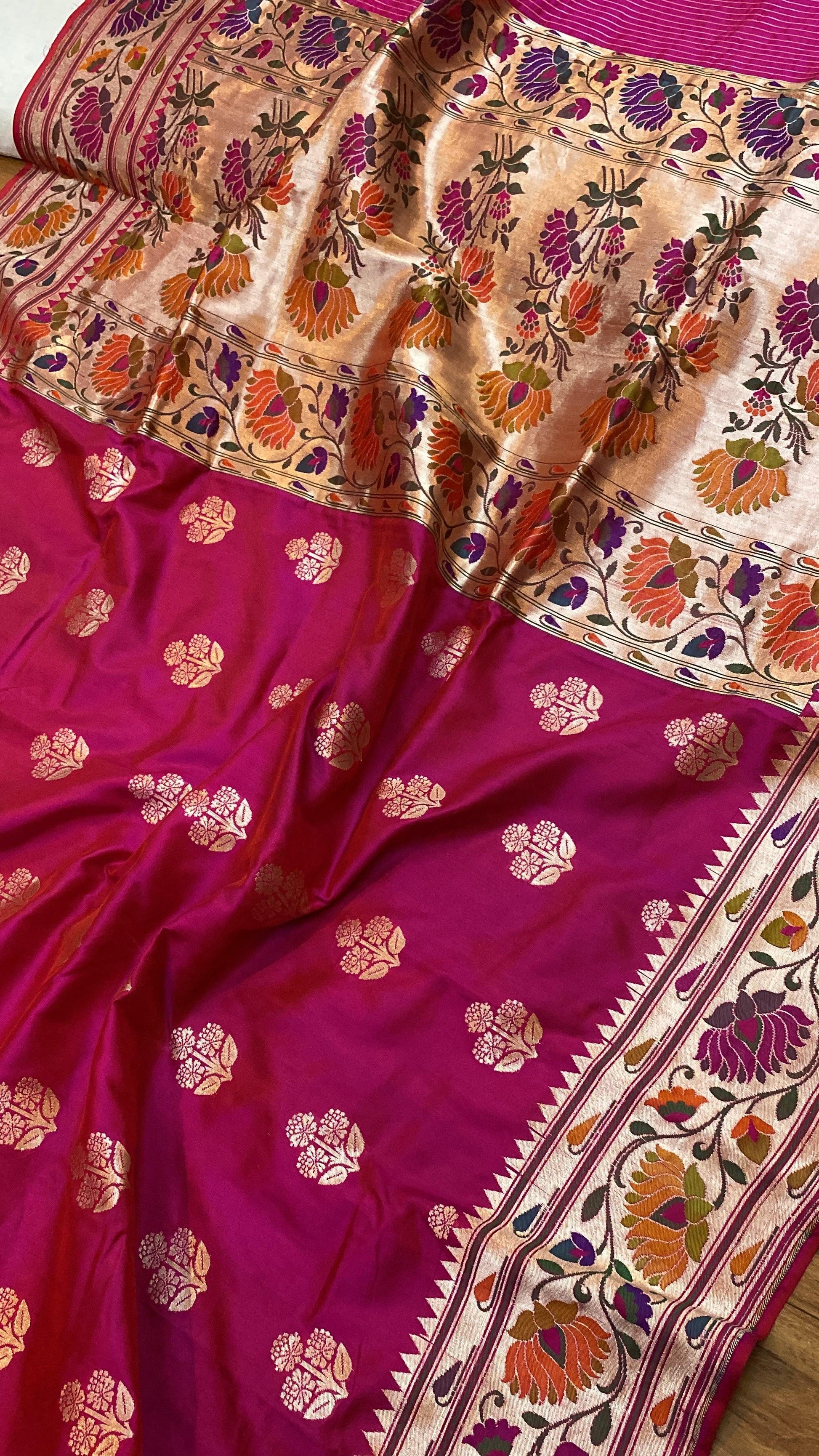 Hot Pink Pure Banarasi Katan Silk Handloom Kadhwa Paithani Saree by Shades Of Benares - banarasi - banarasi saree shop