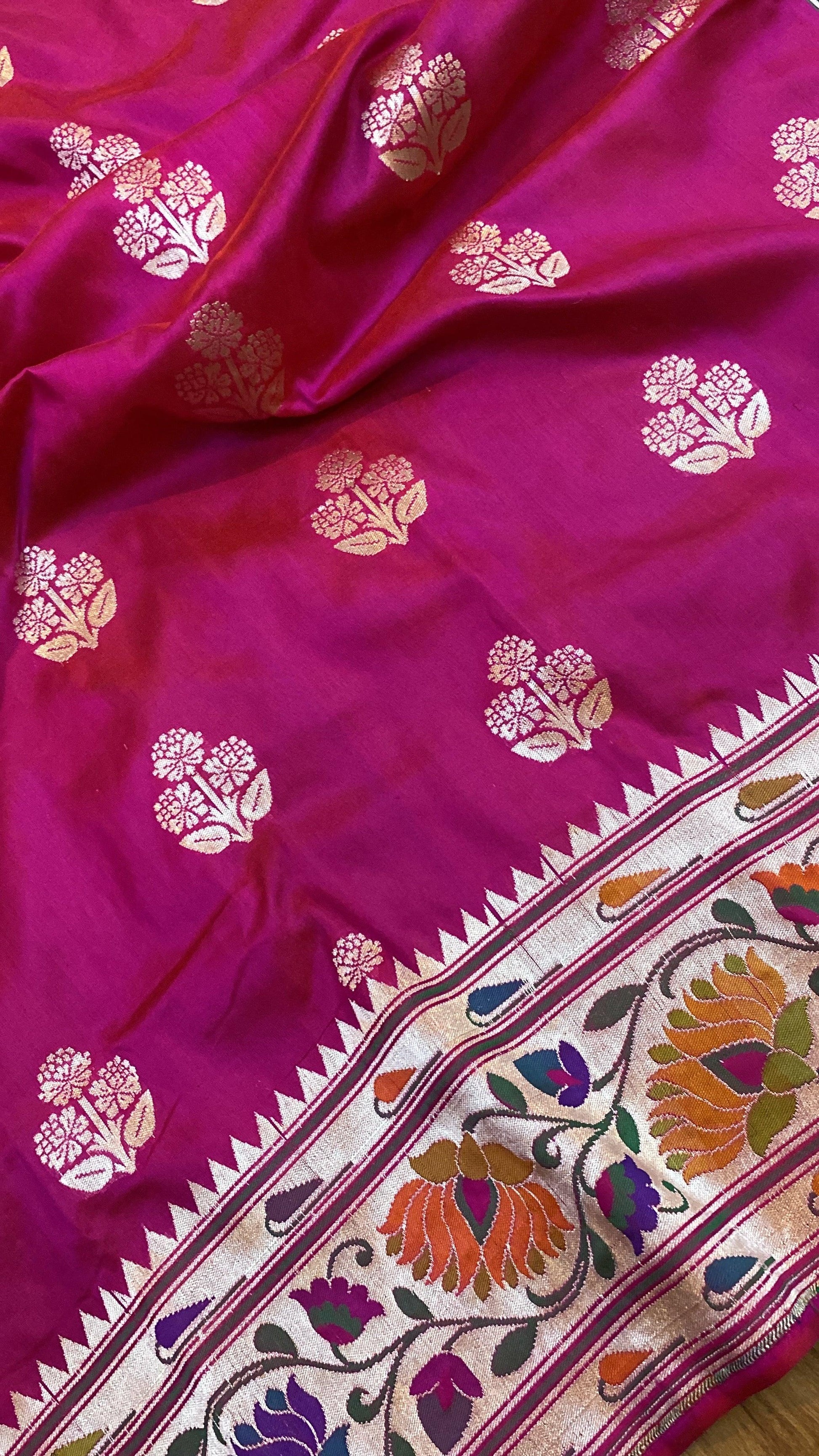 Hot Pink Pure Banarasi Katan Silk Handloom Kadhwa Paithani Saree by Shades Of Benares - banarasi - banarasi saree shop