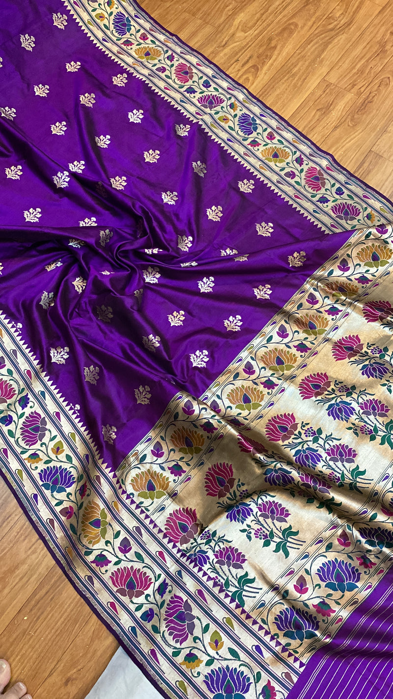 Purple Pure Banarasi Katan Silk Handloom Kadhwa Paithani Saree