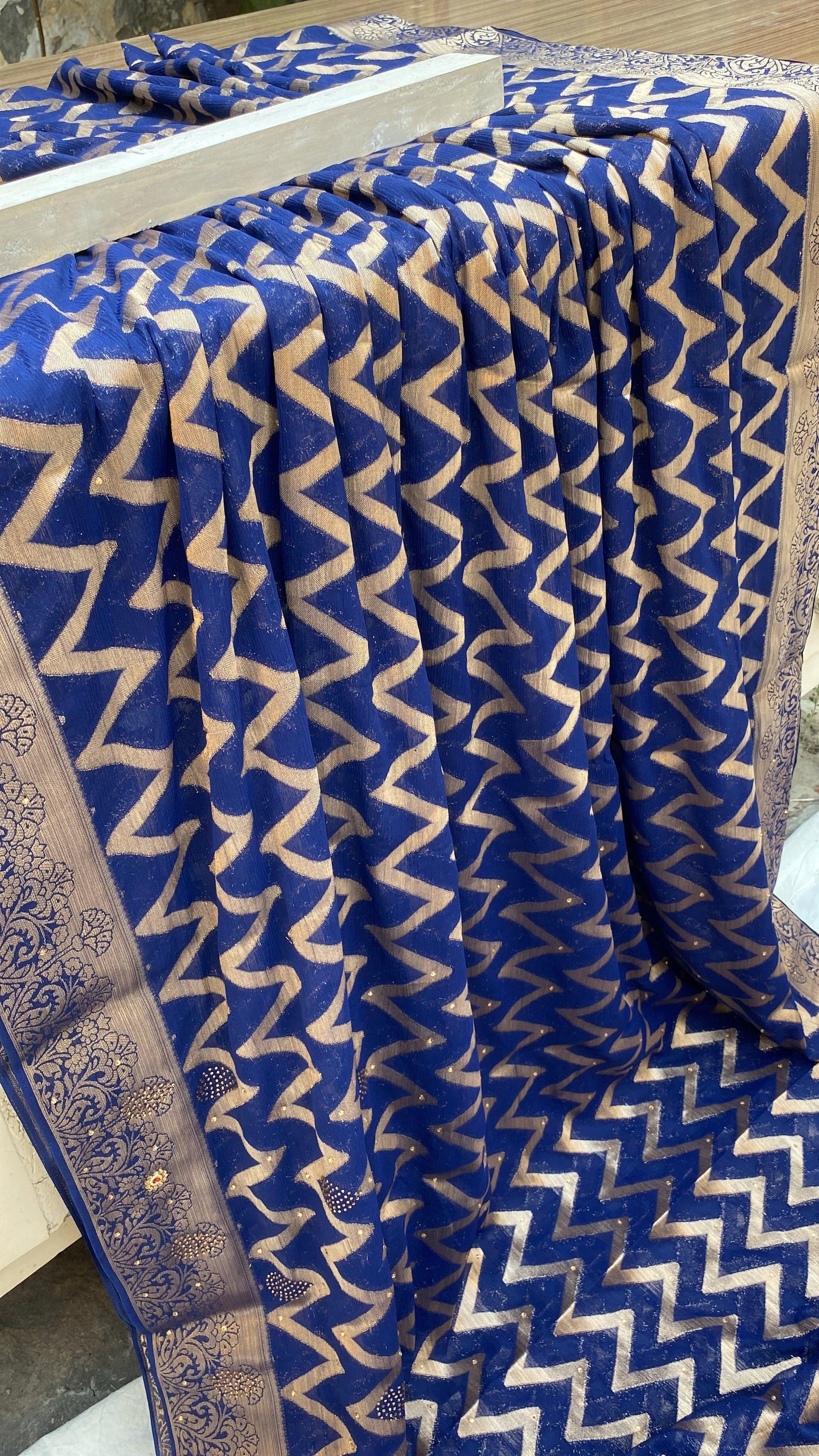 Navy Blue Handloom Pure Chiffon Banarasi Saree by Shades Of Benares - banarasi - banarasi saree shop