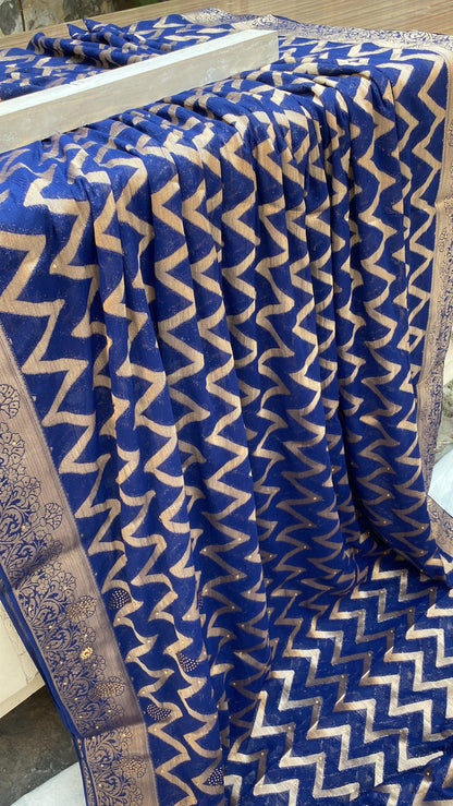 Navy Blue Handloom Pure Chiffon Banarasi Saree by Shades Of Benares - banarasi - banarasi saree shop