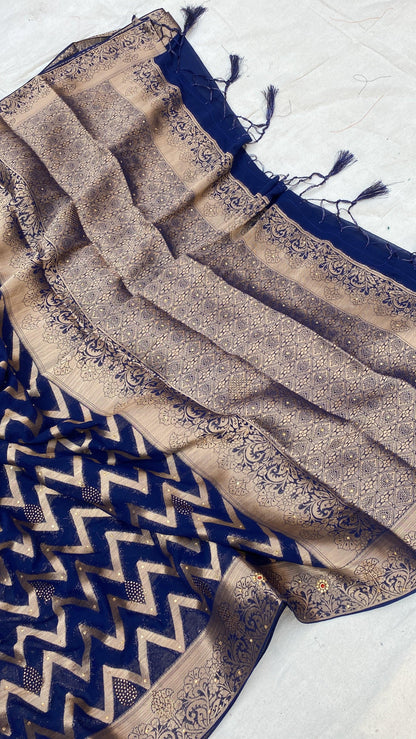 Navy Blue Handloom Pure Chiffon Banarasi Saree by Shades Of Benares - banarasi - banarasi saree shop