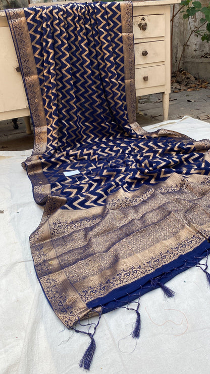 Navy Blue Handloom Pure Chiffon Banarasi Saree by Shades Of Benares - banarasi - banarasi saree shop