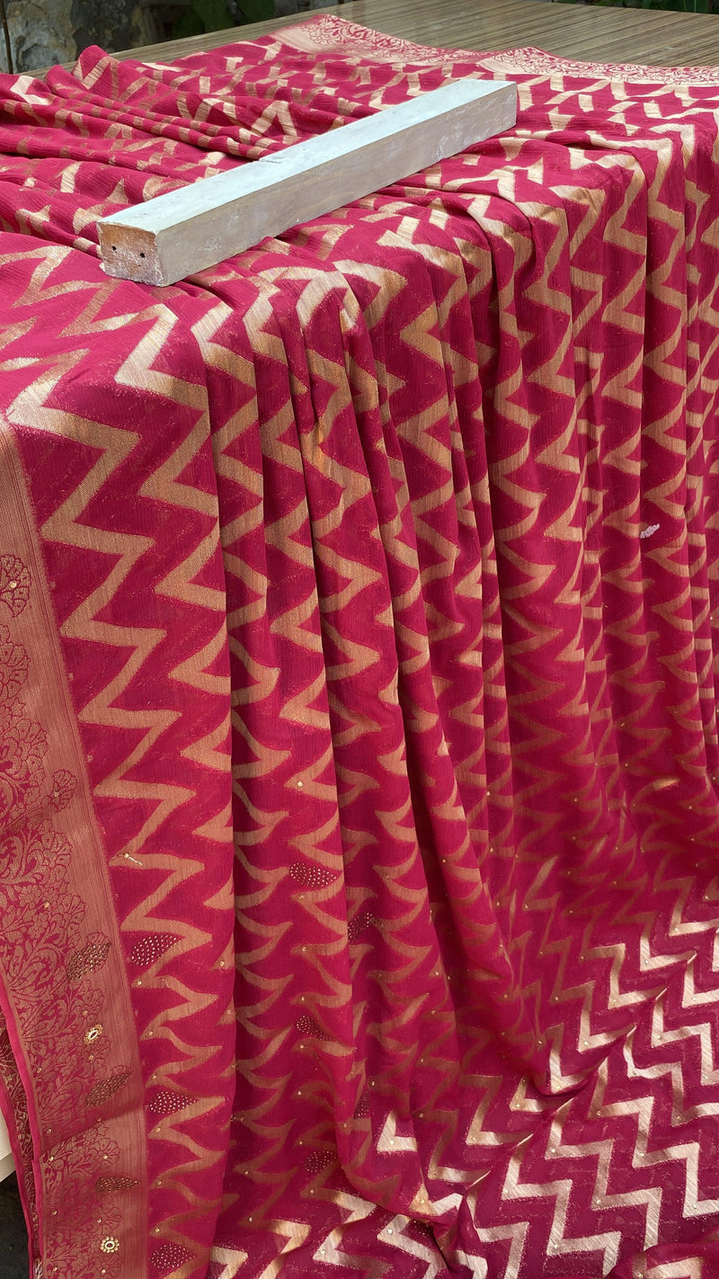 Rani Pink Handloom Pure Chiffon Banarasi Saree - Shades Of Benares