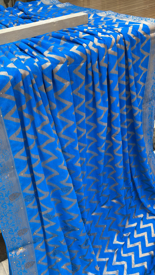 Blue Handloom Pure Chiffon Banarasi Saree by Shades Of Benares - banarasi - banarasi saree shop