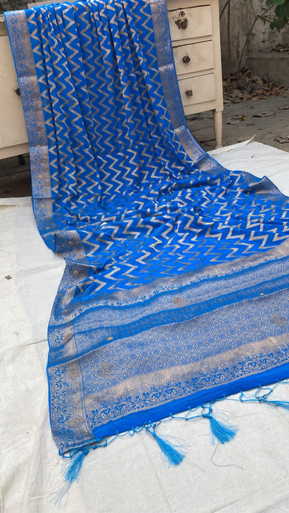 Blue Handloom Pure Chiffon Banarasi Saree by Shades Of Benares - banarasi - banarasi saree shop